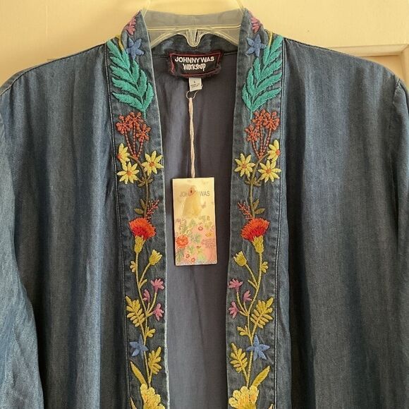 NWT Johnny WAS DENIM LYOCELL FULLY EMBROIDERED SIDE POCKET KIMONO SIZE US L … - Picture 3 of 15